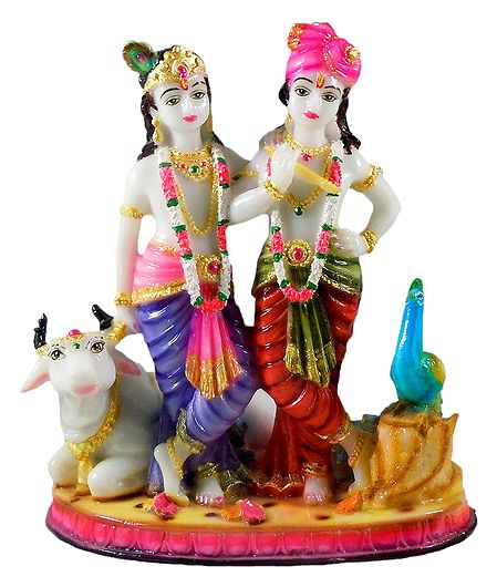 Krishna, Balaram with Cow - Marble Dust Statue