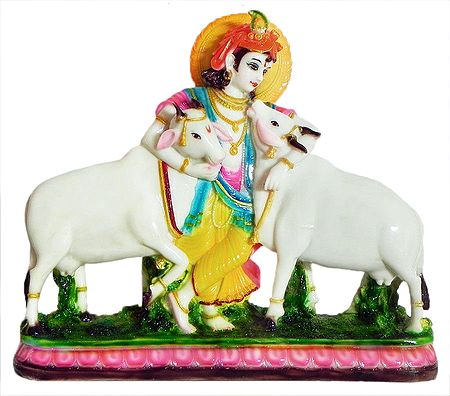 Cowherd Krishna Embracing His Cows  