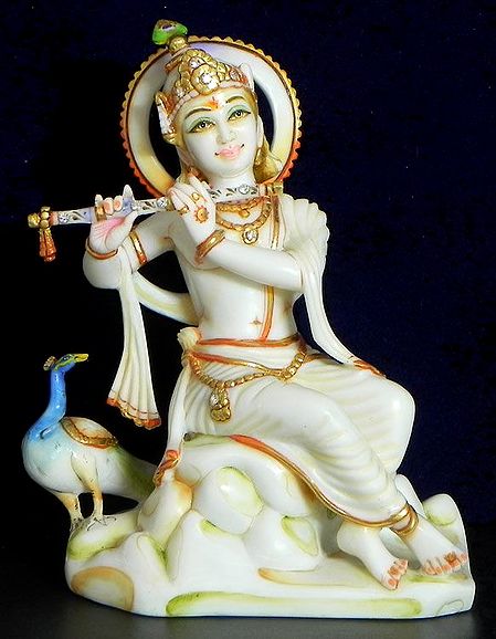 Murlidhara Krishna Sitting on Stone with a Peacock