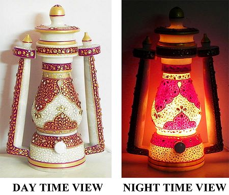 Lantern Shaped Decorated Marble Table Lamp with Mughal Carving - (Can be Dismantled)