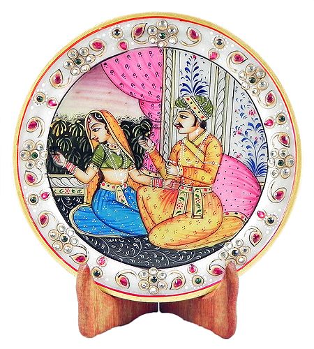 Mughal King and Queen Painting on Marble Plate - Showpiece