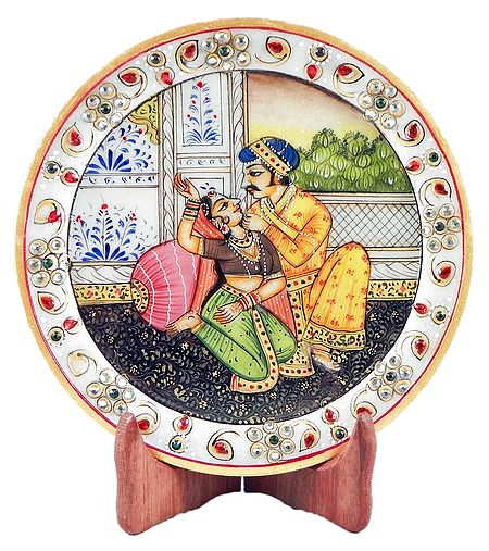 Rajput Couple Painting on Marble Plate - Showpiece