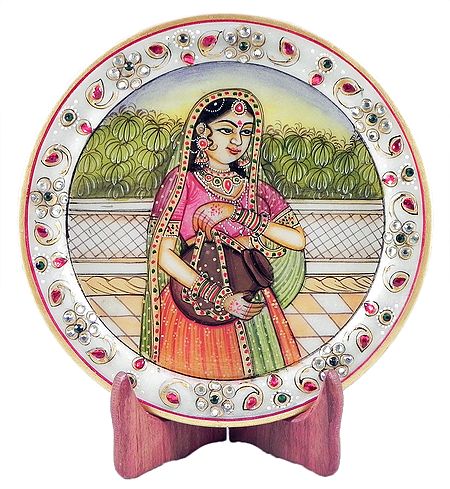 Lady with Kalash - Painting on Marble Plate - Showpiece