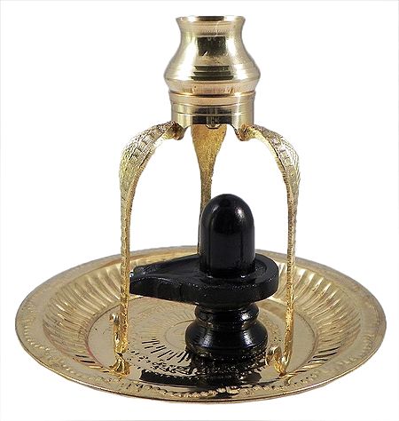 Black Stone Shiva Linga on Brass Plate With Kalash on Tripod