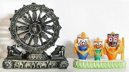 Jagannath, Balaram and Subhadra with Chariot Wheel of Konark Temple