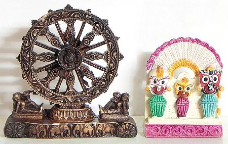 Jagannath, Balaram and Subhadra with Chariot Wheel of Konark Temple