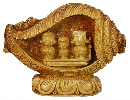 Jagannath, Balaram, Subhadra in a Conch