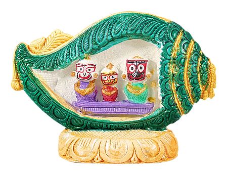 Jagannath, Balaram, Subhadra in a Green Conch