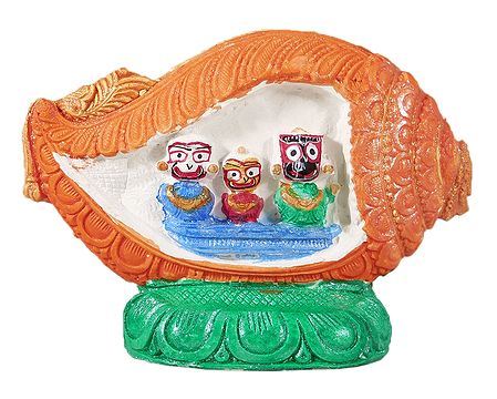Jagannath, Balaram, Subhadra in a Saffron Conch