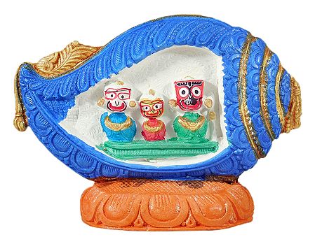 Jagannath, Balaram, Subhadra in a Blue Conch
