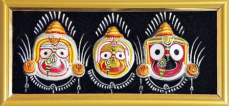 Face of Jagannath, Balaram and Subhadra on a Hand Painted Black Frame - Wall Hanging