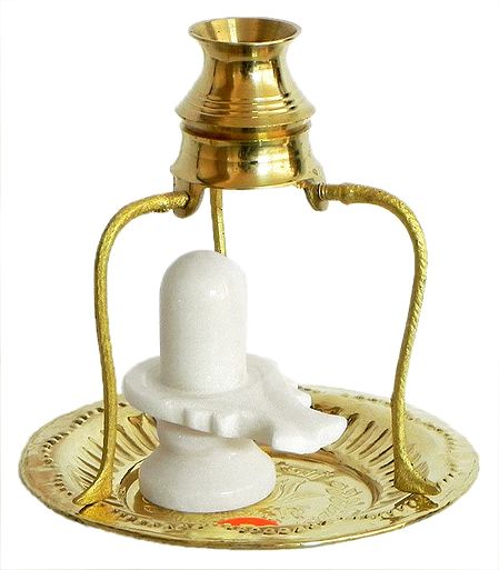 White Stone Shiva Linga on Brass Plate With Kalash on Tripod