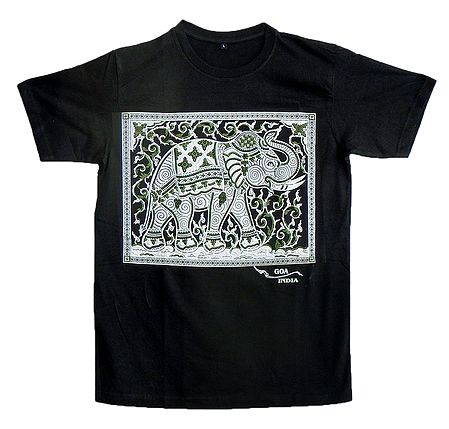 Rubber Print White Elephant on Black T-Shirt