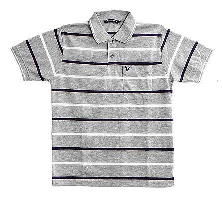 Grey Polo T-Shirt with White and Dark Blue Stripe 