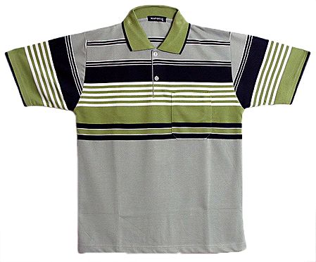 Light Grey, Olive Green, Black and White Stripe Polo T-Shirt