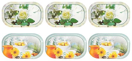 Set of Six Reversible Dining Table Mats with Flower and Food Print