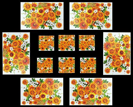 Set of Six Dining Table Mats and Coasters with Bunch of Sunflowers Print