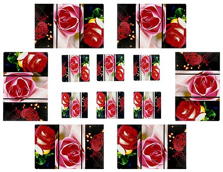 Set of Six Dining Table Mats and Coasters with Rose Print