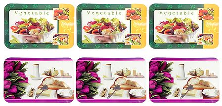 Set of Six Reversible Dining Table Mats with Flower and Food Print