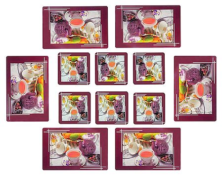 Set of Six Dining Table Mats and Coasters with Breakfast Print 