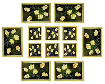 Set of Six Dining Table Mats and Coasters with Floral Print 