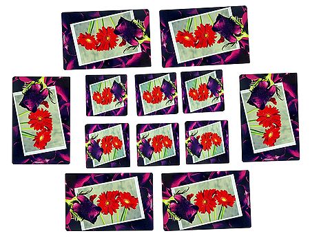 Set of Six Dining Table Mats and Coasters with Floral Print 
