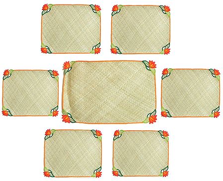 Hand Weaved Palm Leaf Dining Table Mats with Embroidery