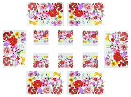 Set of Six Dining Table Mats and Coasters with Flower  Print 