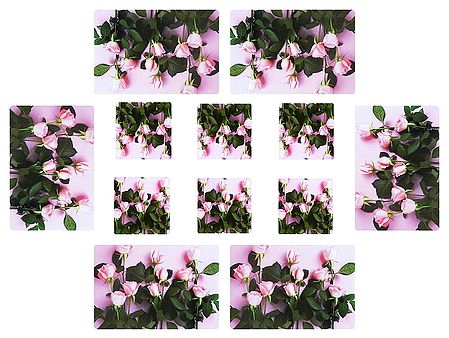 Set of Six Dining Table Mats and Coasters with Flower  Print 