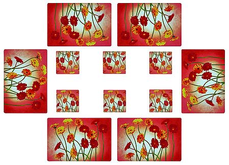 Set of 6 Dining Table Mats and Coasters with Flower  Print 