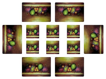 Set of 6 Dining Table Mats and Coasters with Fruit  Print 