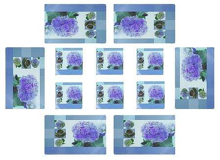 Set of Six Dining Table Mats and Coasters with Flower Print 