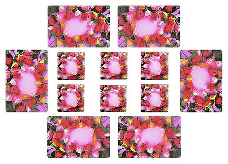 Set of 6 Dining Table Mats and Coasters with Flower Print 