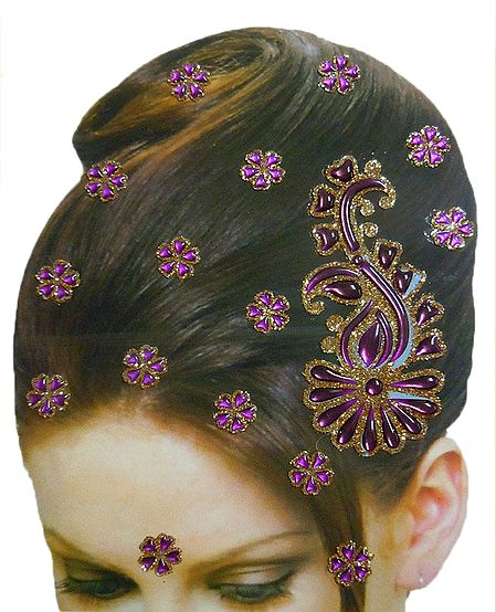 Golden and Purple Color Stone Studded Stick-on Hair Decoration (Can Be used on Other Parts of the Body)