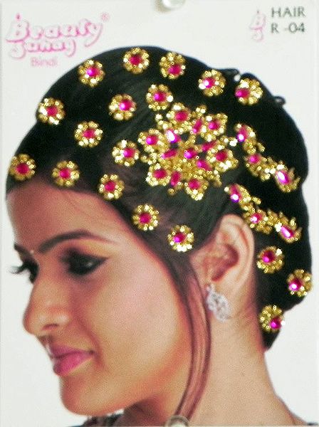 Golden and Magenta Stone Studded Stick-on Hair Decoration (Can Be used on Other Parts of the Body)