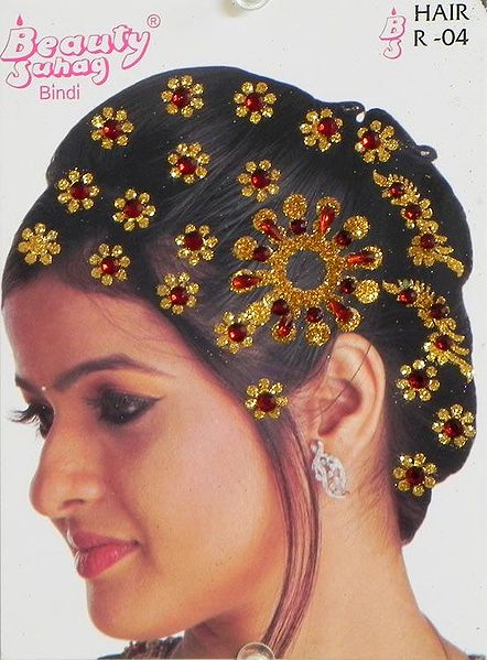 Golden and Dark Rust Color Stone Studded Stick-on Hair Decoration (Can Be used on Other Parts of the Body)