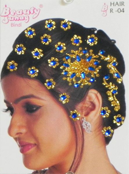 Golden and Blue Stone Studded Stick-on Hair Decoration (Can Be used on Other Parts of the Body)