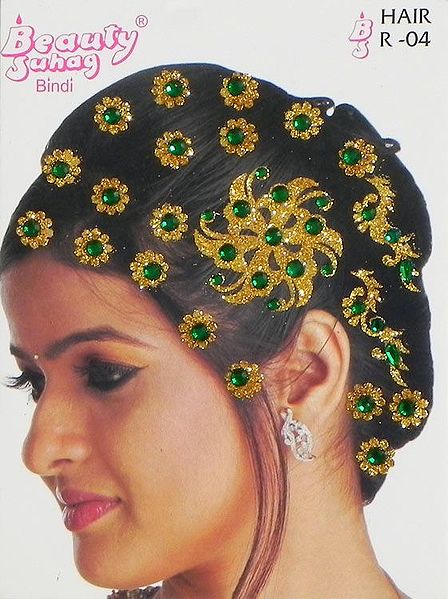 Golden and Green Stone Studded Stick-on Hair Decoration (Can Be used on Other Parts of the Body)