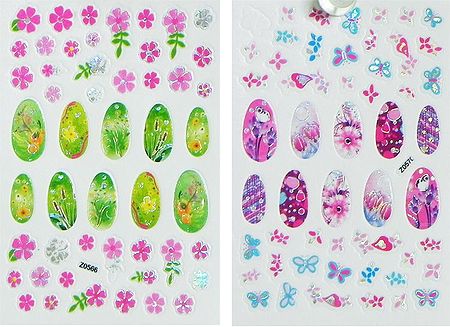 Set of 2 Printed Sheets of Flower Sticker for Nails