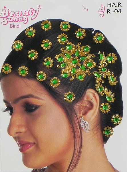 Golden and Green Stone Studded Stick-on Hair Decoration (Can Be used on Other Parts of the Body)