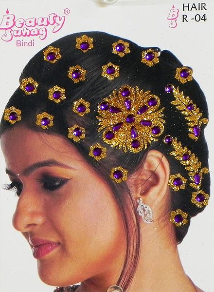 Golden and Purple Stone Studded Stick-on Hair Decoration (Can Be used on Other Parts of the Body)