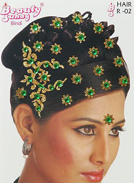 Yellow and Green Stone Studded Stick-on Hair Decoration (Can Be used on Other Parts of the Body)