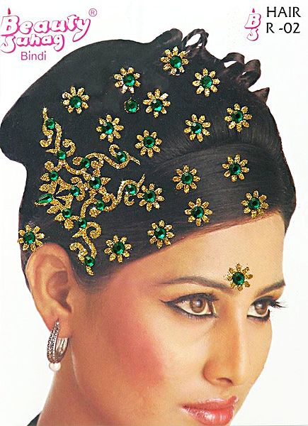 Yellow and Green Stone Studded Stick-on Hair Decoration (Can Be used on Other Parts of the Body)
