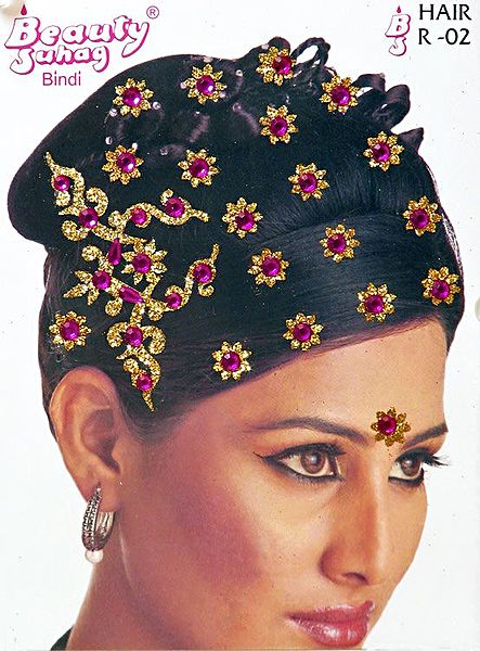 Yellow and Magenta Stone Studded Stick-on Hair Decoration (Can Be used on Other Parts of the Body)