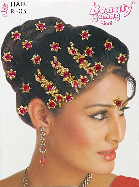 Yellow and Magenta Stone Studded Stick-on Hair Decoration (Can Be used on Other Parts of the Body)
