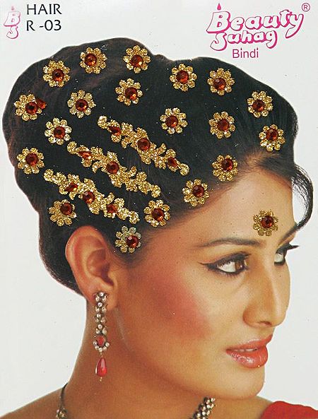 Yellow and Rust Color Stone Studded Stick-on Hair Decoration (Can Be used on Other Parts of the Body)