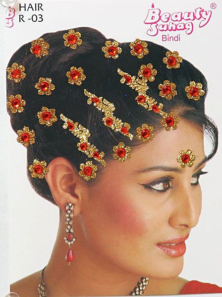 Yellow and Saffron Stone Studded Stick-on Hair Decoration (Can Be used on Other Parts of the Body)