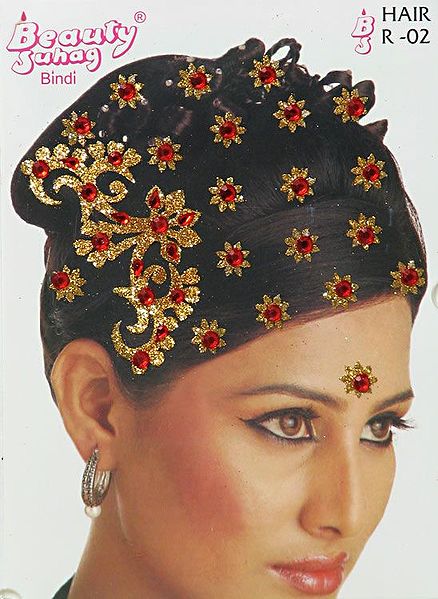 Yellow and Red Stone Studded Stick-on Hair Decoration (Can Be used on Other Parts of the Body)
