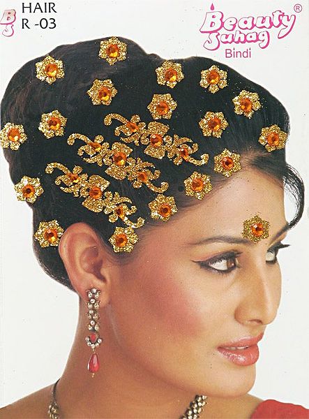 Yellow Saffron Stone Studded Stick-on Hair Decoration (Can Be used on Other Parts of the Body)