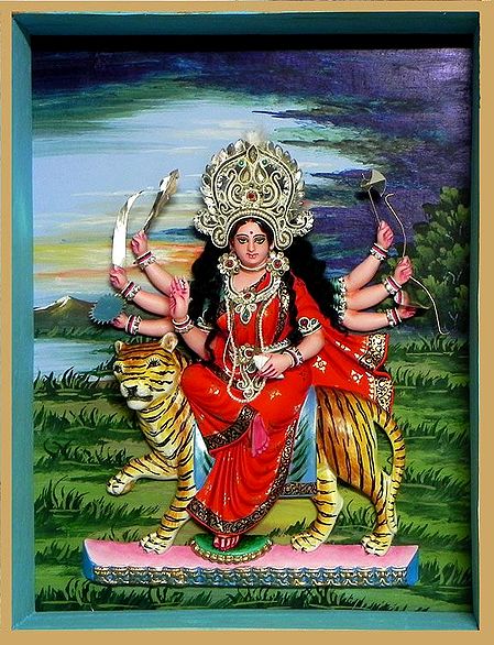 Bhagawati Statue in a Glass Case with Hand Painted Background - Wall Hanging